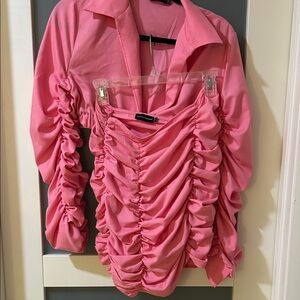 PrettyLittleThing Pink Ruched Long Sleeve Blouse